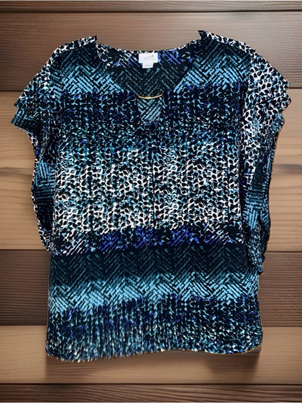 Jaclyn Smith Blue Multicolor Printed Short Sleeve Blouse